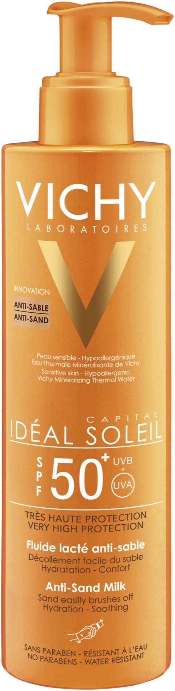 Vichy NYHED Idéal Soleil Anti-Sand Milk til ansigt/krop SPF 50+ Flaske m/ pumpe 200ml